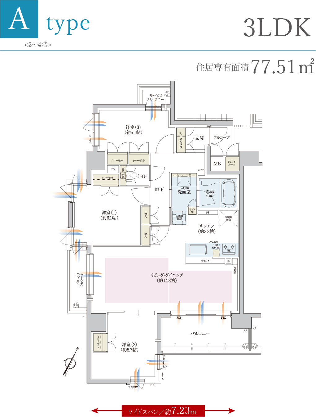 A type／3LDK／住居専有面積：77.51㎡