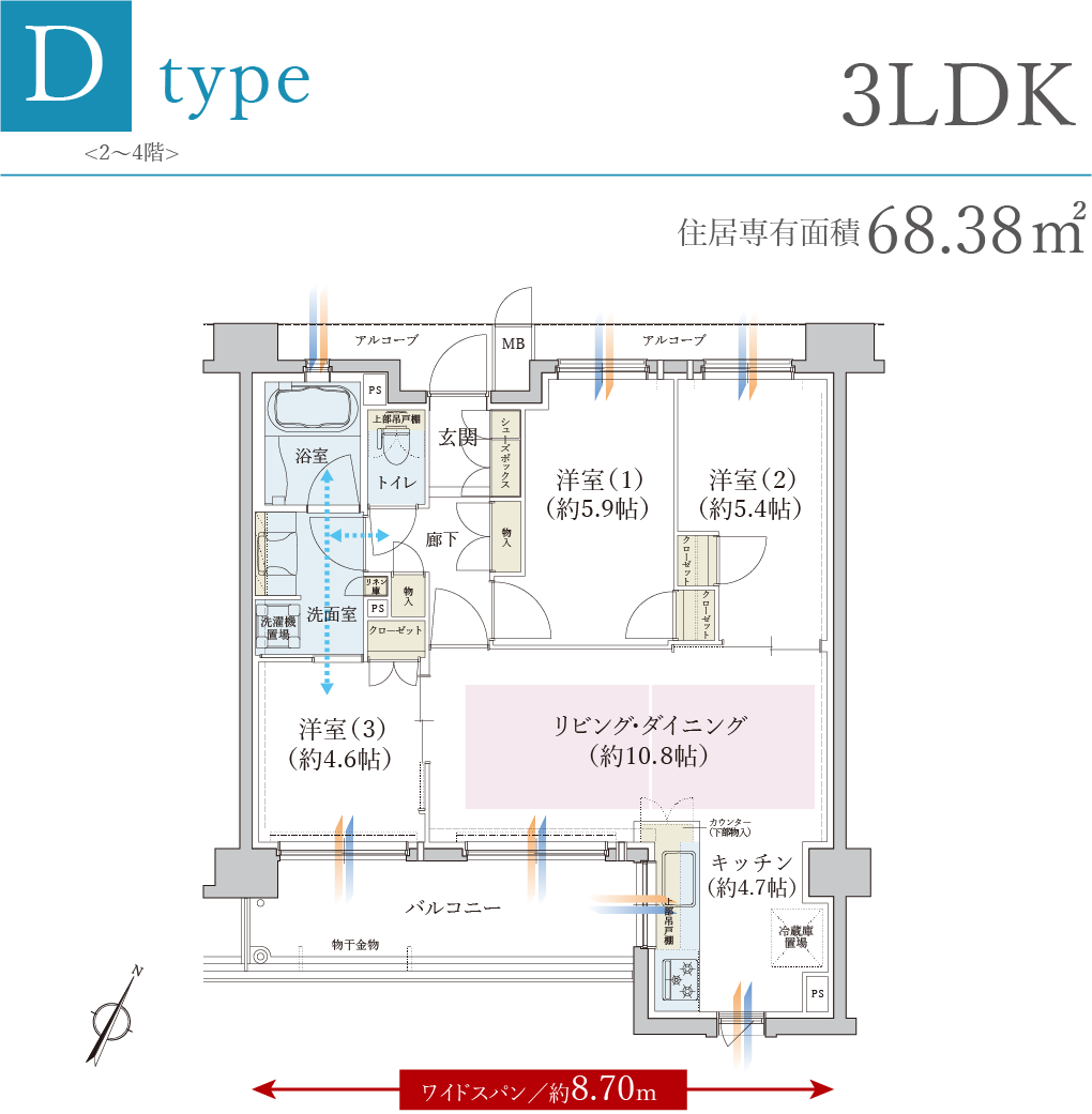 D type／3LDK／住居専有面積：68.38㎡
